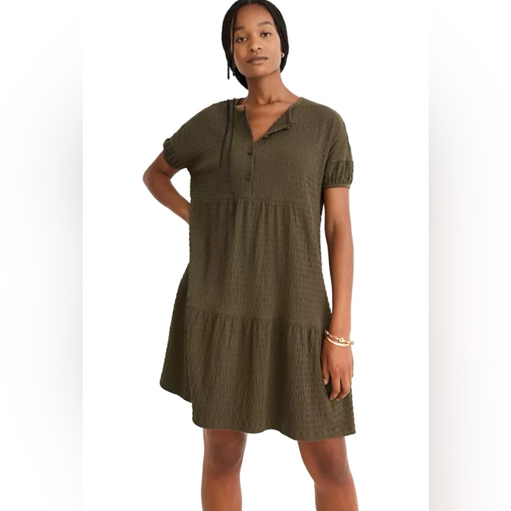Madewell Olive Green Crinkle-Knit Tiered Mini Dress Olive Green Size‎ Small